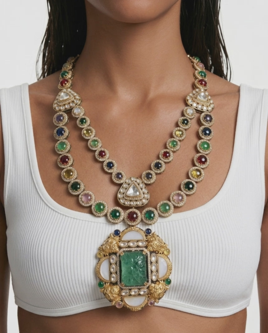Ruhani Multicolor Moissanite Polki Kundan Double Layer Statement Necklace Set – Necklace & Earrings