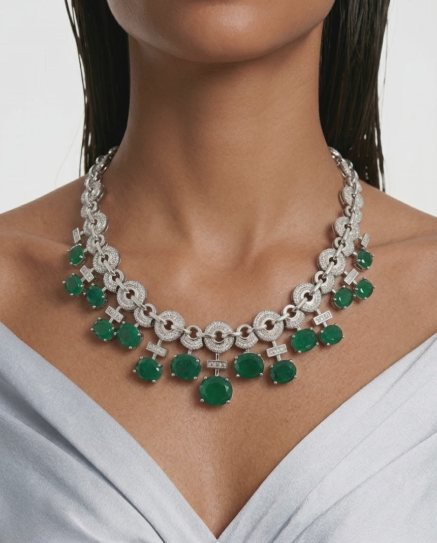 Noorain Emerald and Diamond-Like Zircon Compressed Setting Statement Necklace Set (Necklace & Earrings)