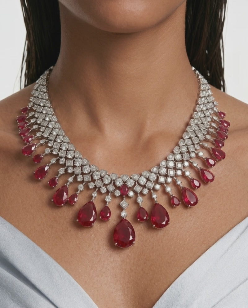 Azra Ruby and Diamond-Like Zircon Statement Necklace Set (Necklace & Earrings)
