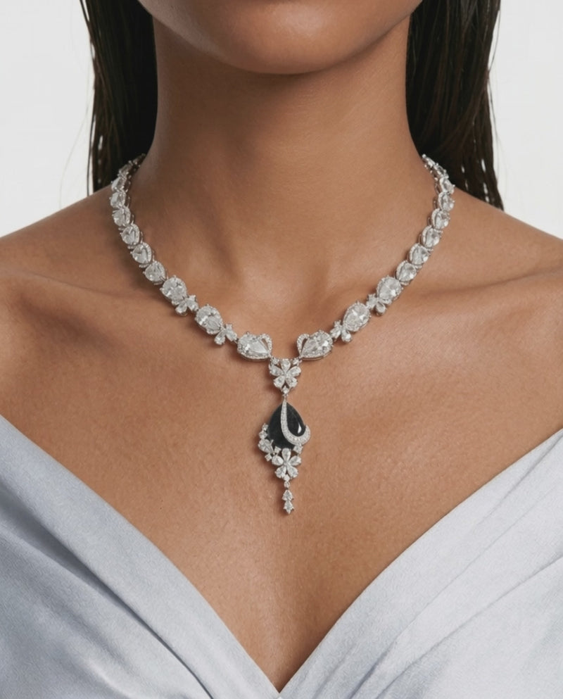 Layali Sapphire Drop Diamond-Like Zircon Statement Necklace Set (Necklace & Earrings)