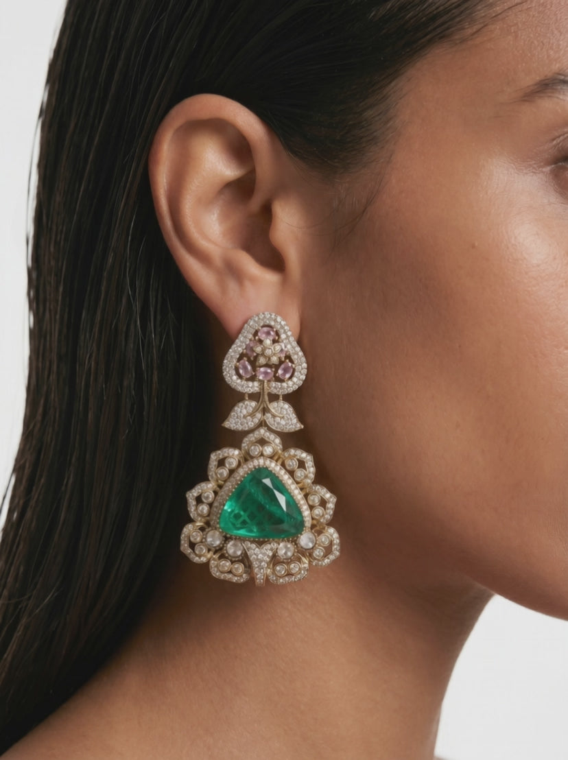 Jamila Emerald Doublets, Moissanite & Zircon Studded Statement Earrings