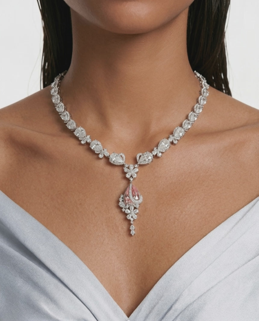 Layali Pink Drop Diamond-Like Zircon Statement Necklace Set (Necklace & Earrings)