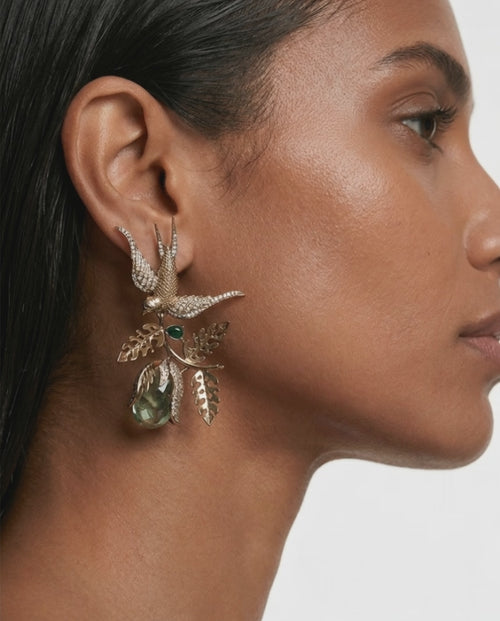 Miu Bird & Leaf Diamond-Like Zircon Earrings