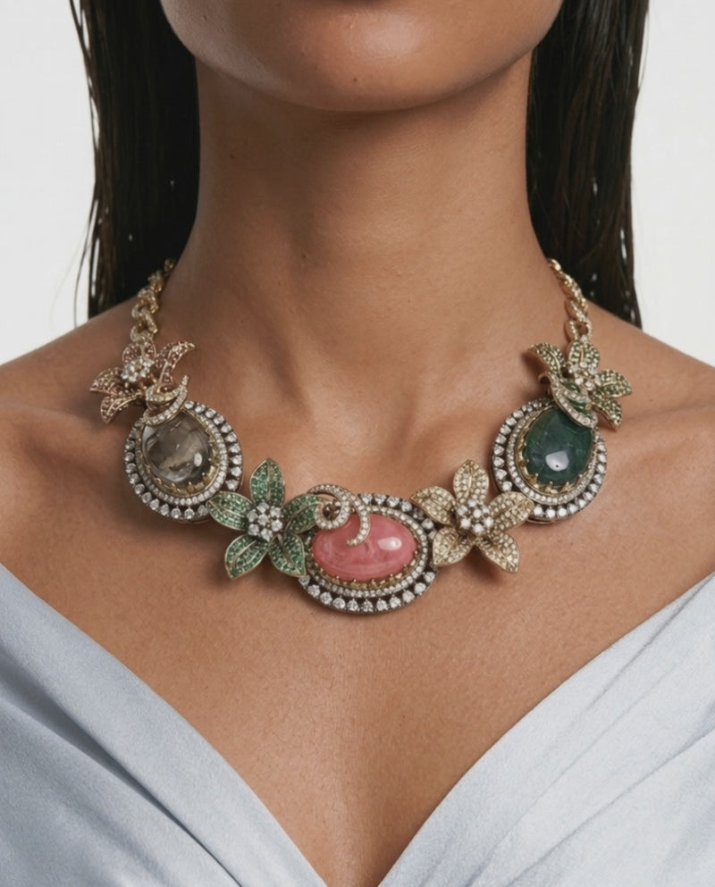 Maira Multicolor Floral Kundan with Zircon Diamond Detailing Necklace Set – Necklace & Earrings