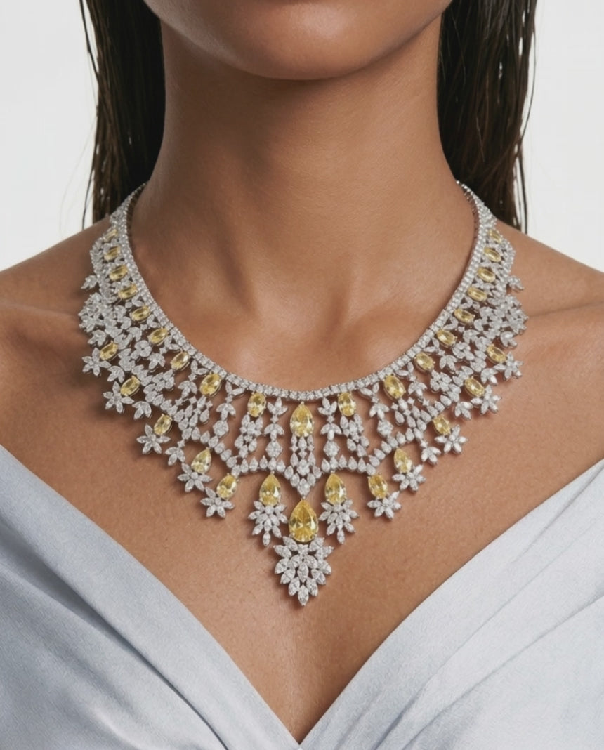 Jahnavi Citrine and Diamond-Like Zircon Compressed Setting Statement Necklace Set (Necklace & Earrings)