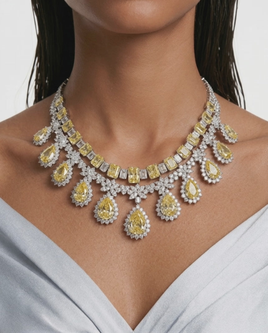 Maharani Dalia Citrine Teardrop Diamond-Like Zircon Statement Necklace Set & Dima Citrine and Diamond-Like Zircon Statement Necklace Set (2 Necklaces & 2 Earrings)