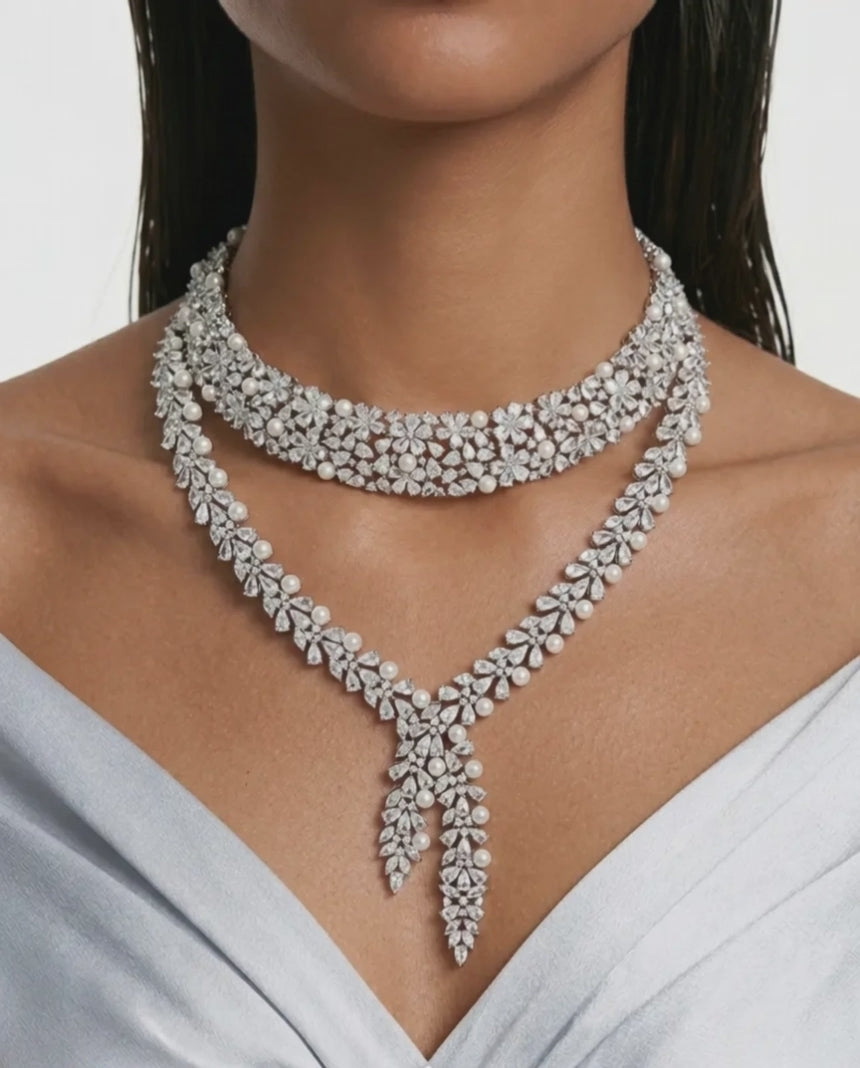 Maharani Karen Pearl and Diamond Necklace Set & Mahiba Diamond-Like Zircon Compressed Setting Statement Necklace Set (2 Necklaces & 2 Earrings)