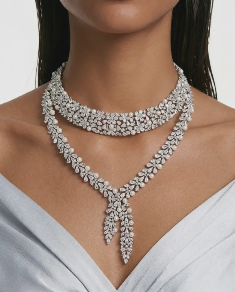 Maharani Karen Pearl and Diamond Necklace Set & Mahiba Diamond-Like Zircon Compressed Setting Statement Necklace Set (2 Necklaces & 2 Earrings)