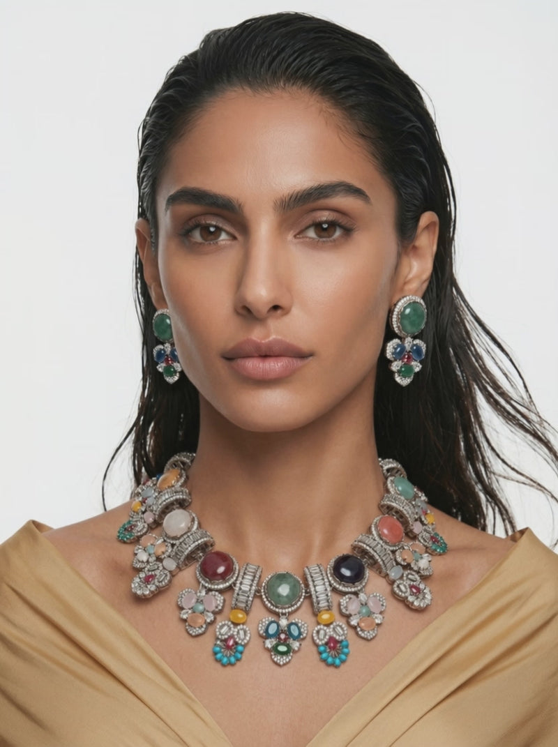 Mehrin Semi Precious Moissanite Kundan Polki Multicolour Statement Royale Necklace Set (Necklace & Earrings)