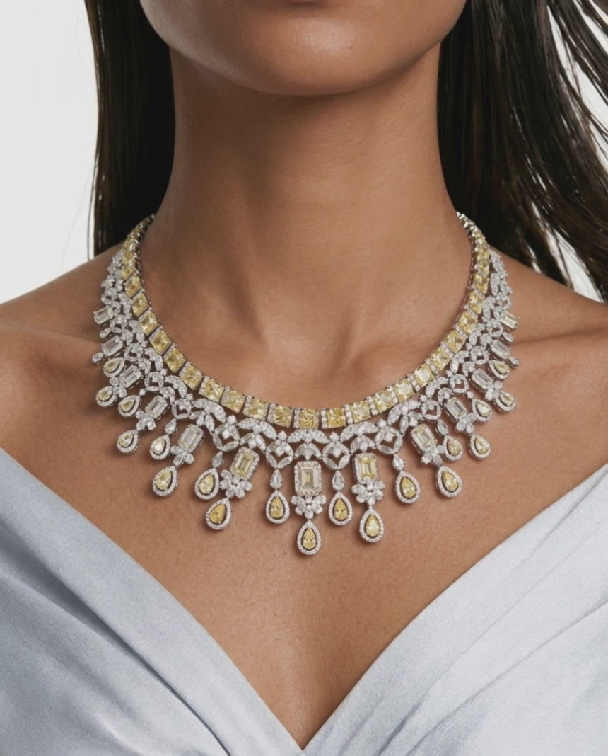Aarvi Diamond-Like Zircon with Citrine Statement Necklace Set (Necklace & Earrings)