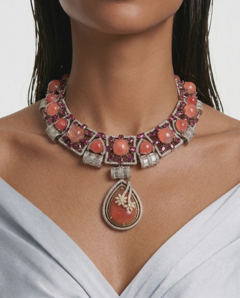 Mila Peach, Ruby & Moissanite Polki Kundan with Zircon Diamond Detailing Statement Luxe Necklace Set (Necklace & Earrings)