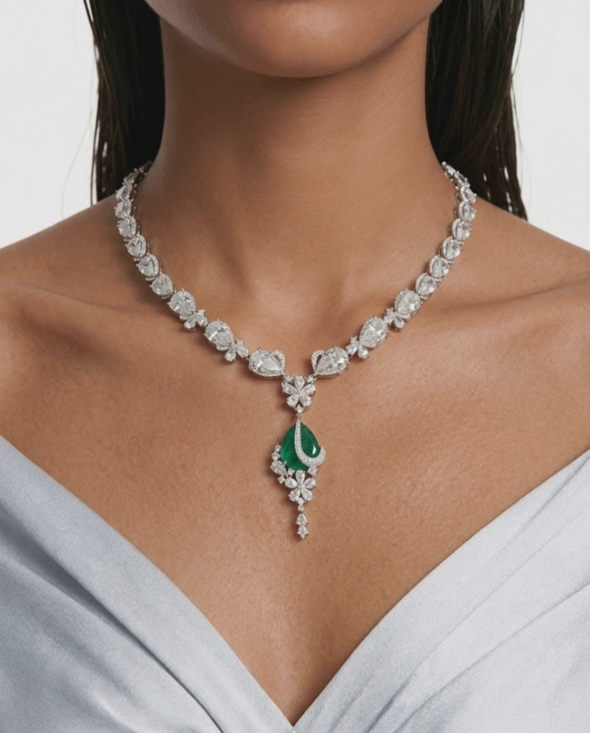 Layali Emerald Drop Diamond-Like Zircon Statement Necklace Set (Necklace & Earrings)