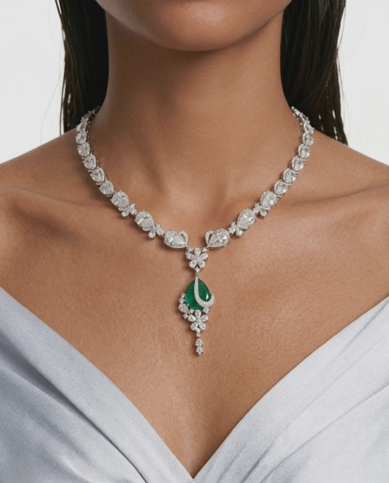 Layali Emerald Drop Diamond-Like Zircon Statement Necklace Set (Necklace & Earrings)