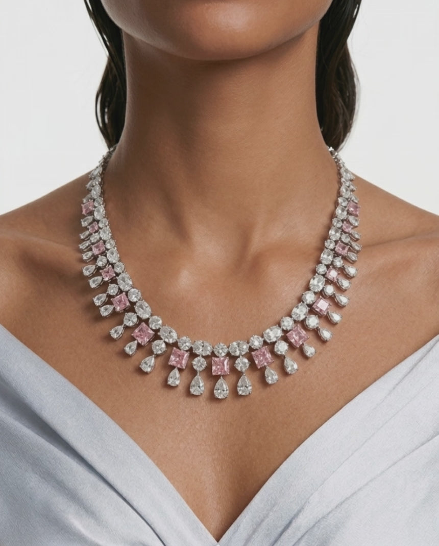 Niharika Diamond-Like Zircon Ovals with Pink Diamond Square & Diamonds Statement Necklace Set (Necklace & Earrings)