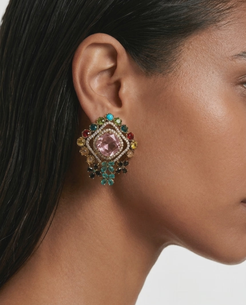 Naeya Pink Multicolor Polki Statement Stud Earrings