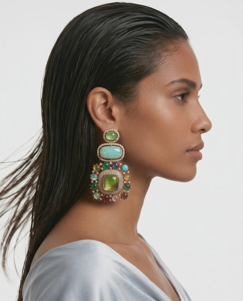 Emilia Multi Colour Semi Precious Stones, Green & Turquoise Statement Earrings