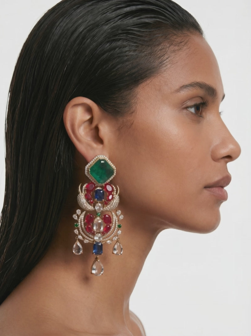 Mherena Multi Colour Semi Precious Stones Ruby, Emerald & Sapphire & Zircon Studded Statement Earrings