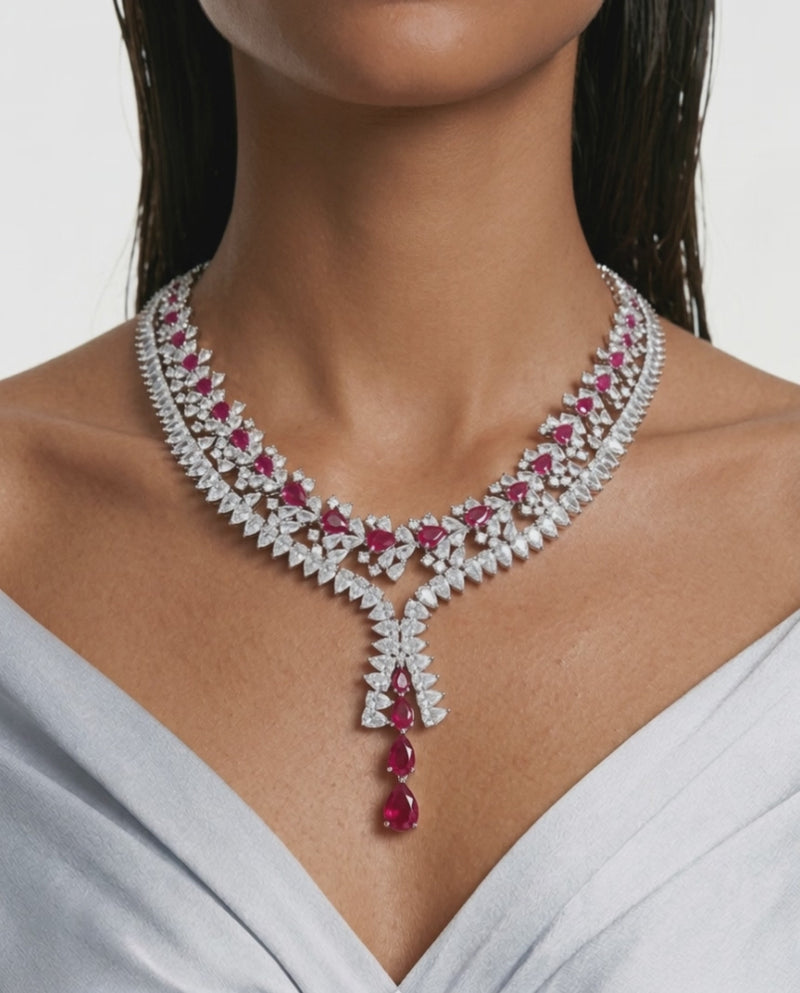Maharani Azure Ruby Droplets Diamond-Like Zircon Statement Pendant Necklace Set & Eden Floral Ruby & Diamond-Like Zircon Statement Necklace Set (2 Necklace & 2 Earrings)