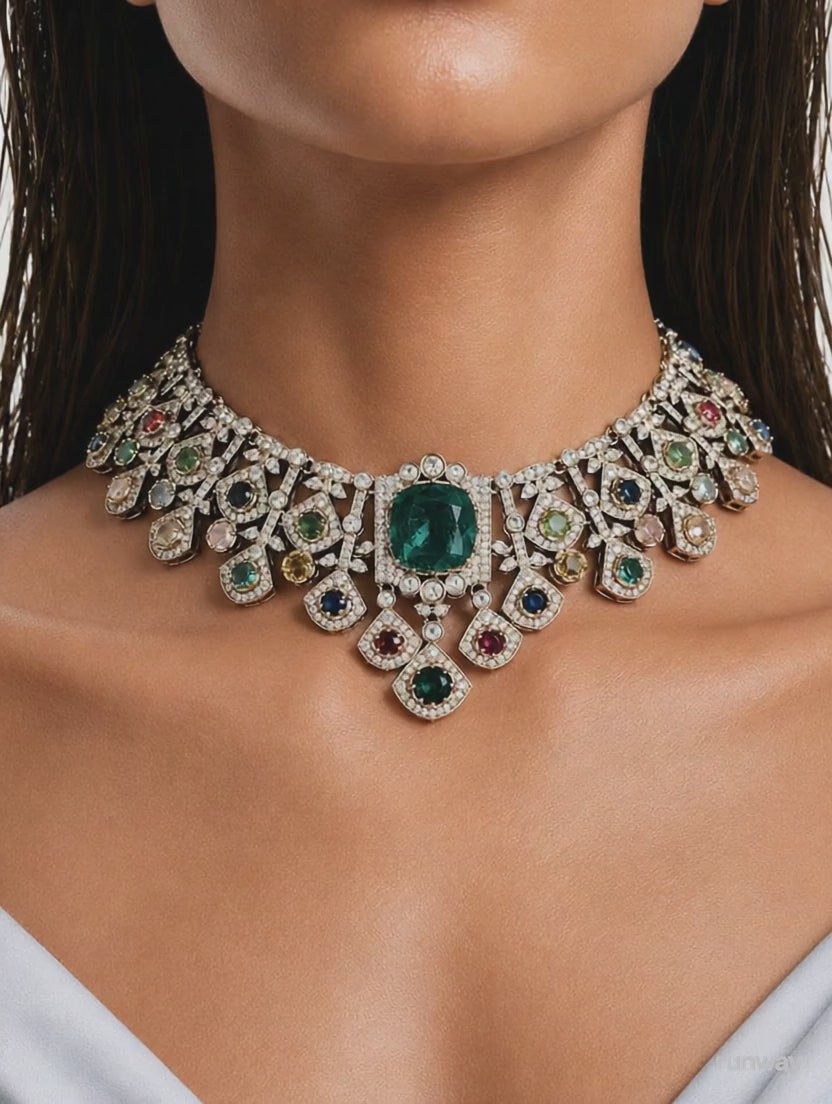 Amna Multi Colour Semi Precious Stones & Moissanite Polki Kundan with Zircon Diamond Detailing Statement Luxe Necklace Set (Necklace & Earrings)