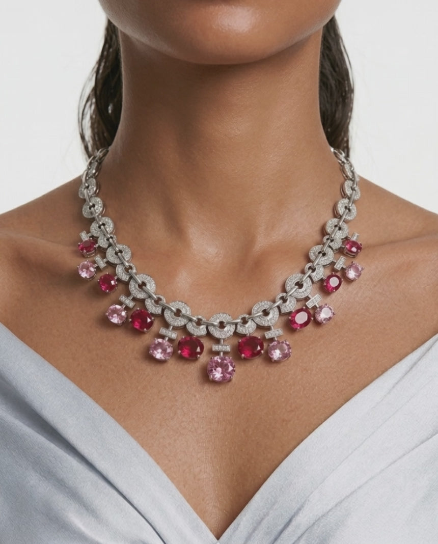 Noorain Ruby, Pink Diamond and Diamond-Like Zircon Compressed Setting Statement Necklace Set (Necklace & Earrings)