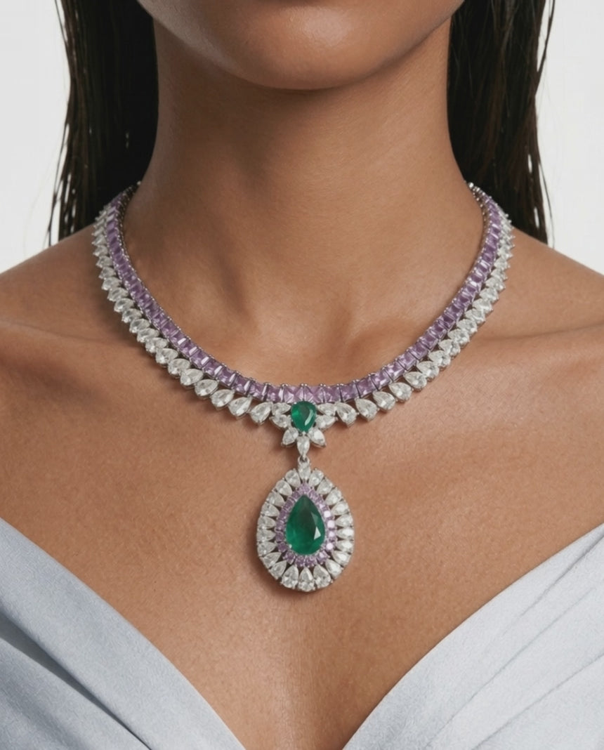 Ishani Purple Diamond, Emerald & Zircon Diamond Pendant Necklace Set (Necklace & Earrings)