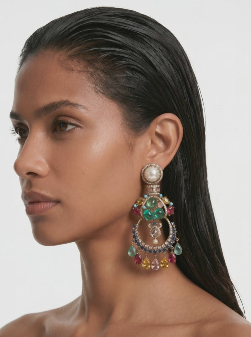 Willow Multi Colour Semi Precious Stones, Pearls & Zircon Statement Earrings