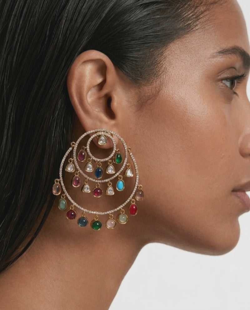 Zariya Multicolor Moissanite Polki Kundan Hoop Earrings