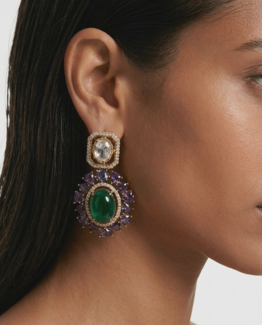 Raya Purple & Emerald Polki Statement Stud Earrings