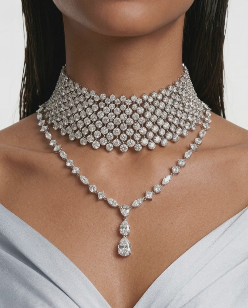 Maharani The Enchant Drops Diamond-Like Zircon Statement Necklace Set & Loki Round Diamond Zircon Choker Necklace Set (2 Necklace & 2 Earrings)