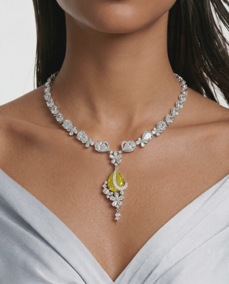Layali Citrine Drop Diamond-Like Zircon Statement Necklace Set (Necklace & Earrings)