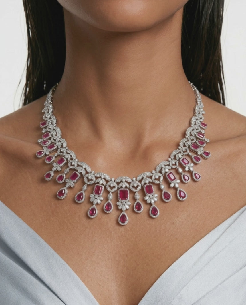Aarvi Diamond-Like Zircon with Ruby Statement Necklace Set (Necklace & Earrings)