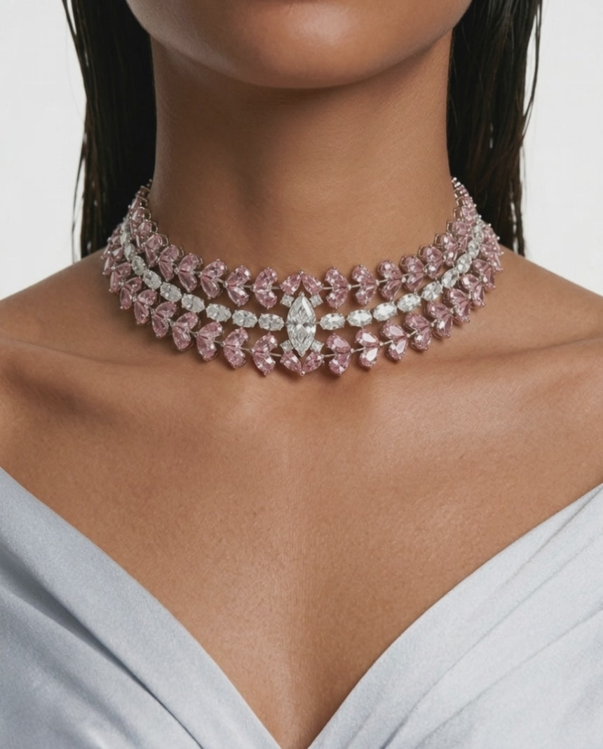 Nayara Peach Diamond-Like Zircon Leaf Petal Choker Necklace Set – Necklace & Earrings