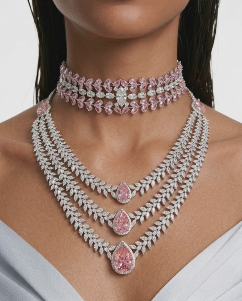 Maharani Noéline & Nayara Pink Diamond-Like Zircon Statement Necklace Set – 2 Necklaces & Earrings
