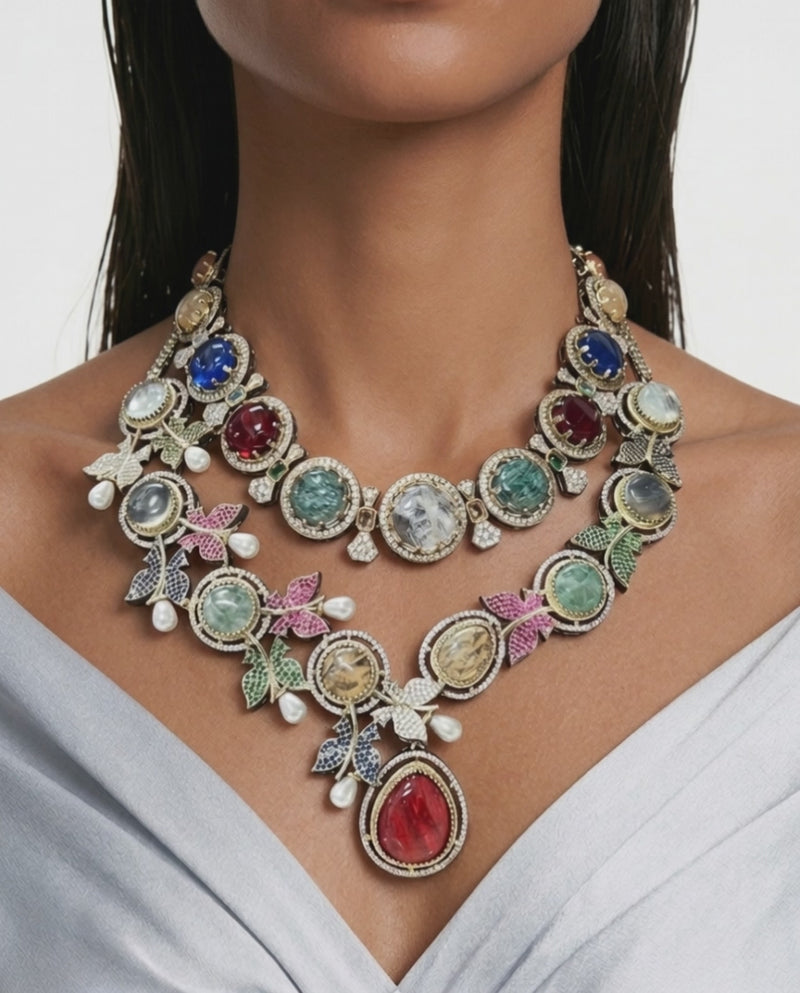 Maharani Florenza & Isma Multicolor Moissanite Polki Kundan with Zircon Diamond Detailing Necklace Set – 2 Necklaces & Earrings
