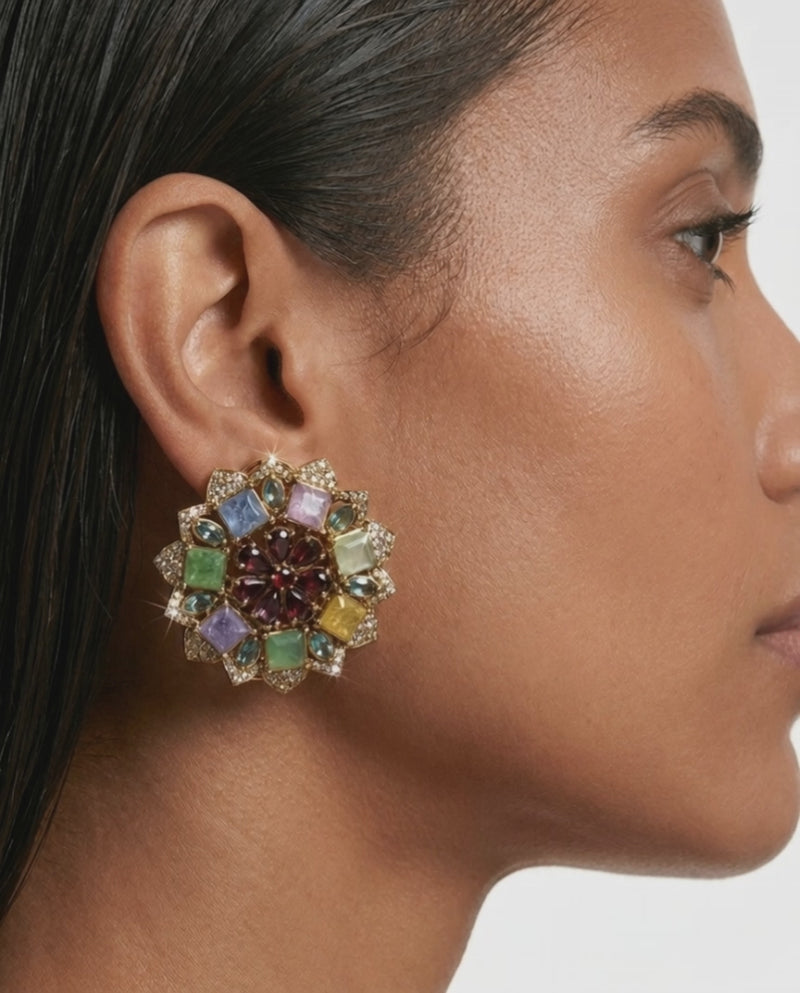 Mehrnaz Multicolor Sapphire Floral Statement Stud Earrings
