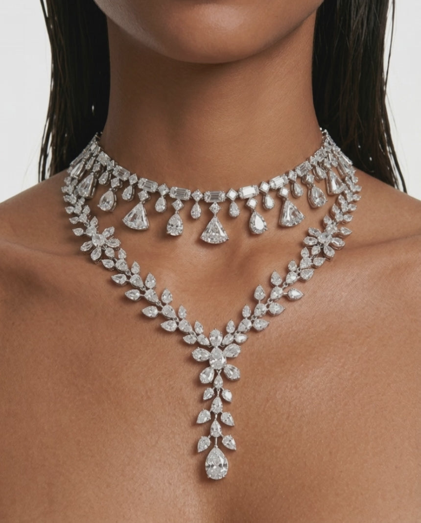 Maharani Dania Diamond-Like Zircon Compressed Setting Statement Necklace & Vivienne Fan Drop Diamond-Like Zircon Statement Necklace Set – 2 Necklaces & Earrings