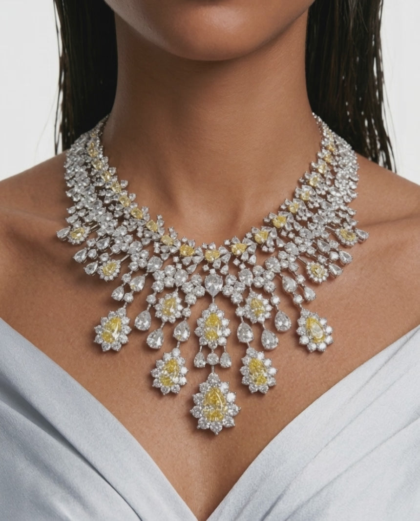 Maharani Hijl Citrine & Diamond Like Drops Necklace Set & Eden Floral Citrine & Diamond-Like Zircon Statement Necklace Set (2 Necklace & 2 Earrings)