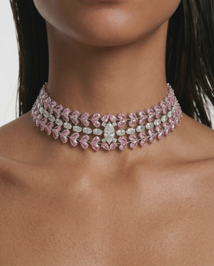 Nayara Pink Diamond-Like Zircon Leaf Petal Choker Necklace Set – Necklace & Earrings