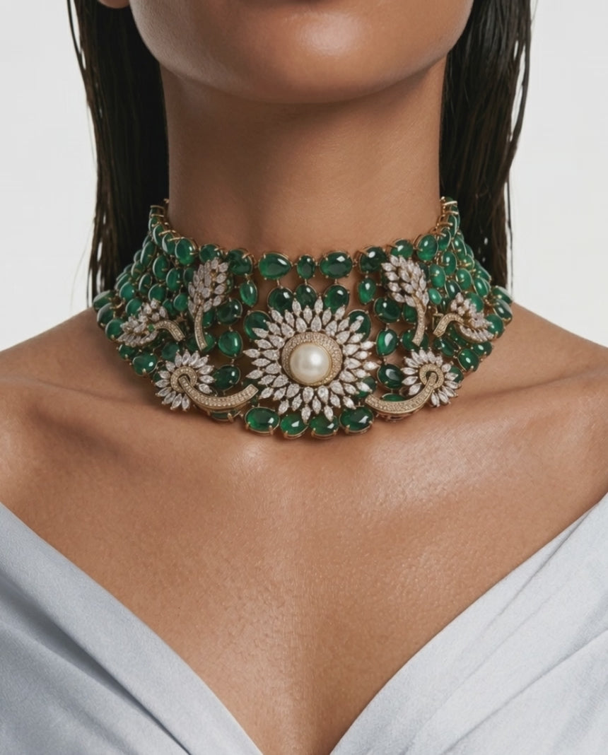 Asiyah Emerald, Pearls & Moissanite Polki Kundan with Zircon Diamond Detailing Statement Luxe Necklace Set (Necklace & Earrings)