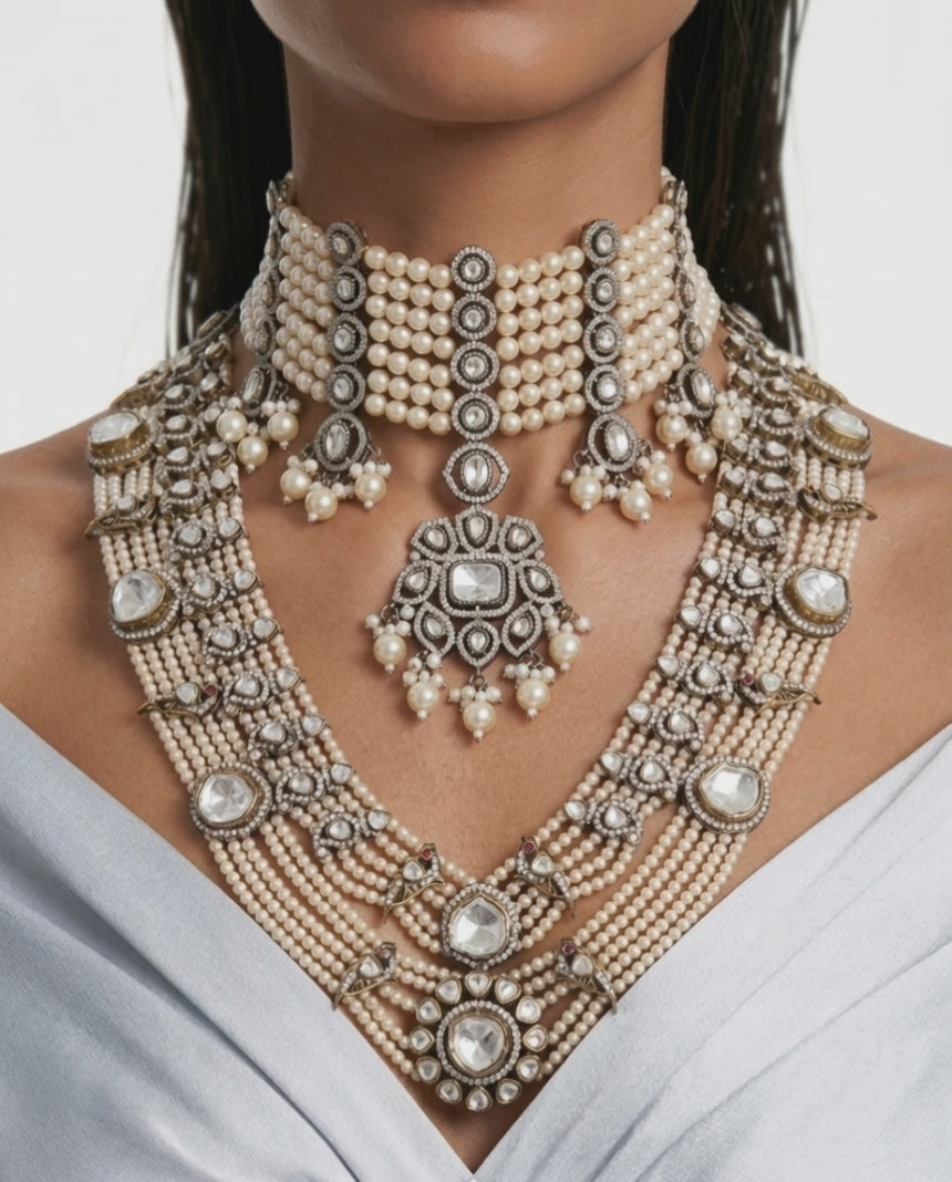 Maharani Nuriya & Afsheen Pearl Polki Kundan with Zircon Diamond Set – Long Haar, Necklace & Earrings