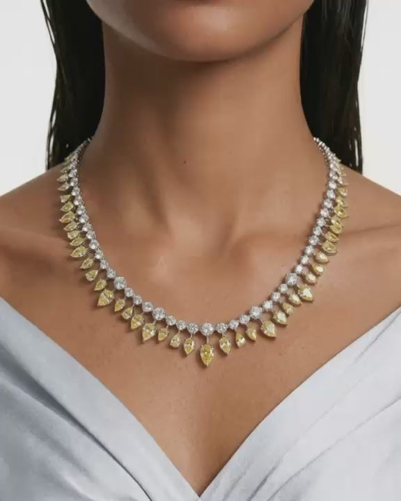 Medha Diamond-Like Zircon with Citrine Drops Single Line Statement Necklace Set (Necklace & Earrings)