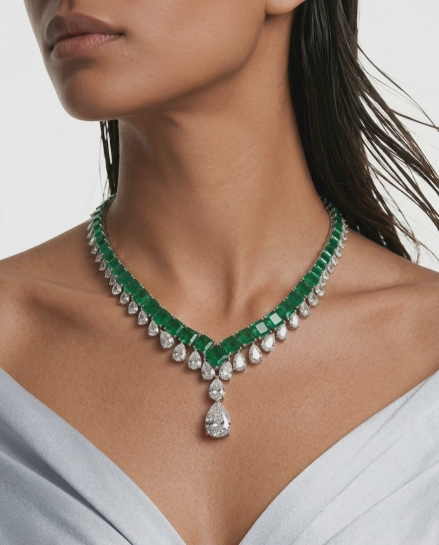 Basma smaragd- en diamantachtige zirkonia-hanger met verklaring kettingset (ketting en oorbellen)