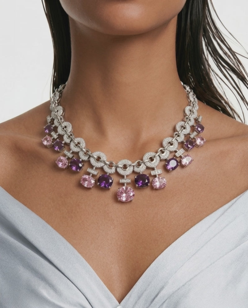 Noorain Pink, Amethyst and Diamond-Like Zircon Compressed Setting Statement Necklace Set
