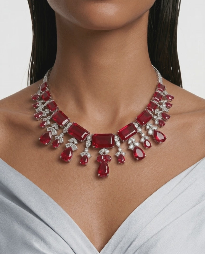 Amalina Ruby & Diamond Zircon Luxe Couture Statement Necklace Set (Necklace & Earrings)