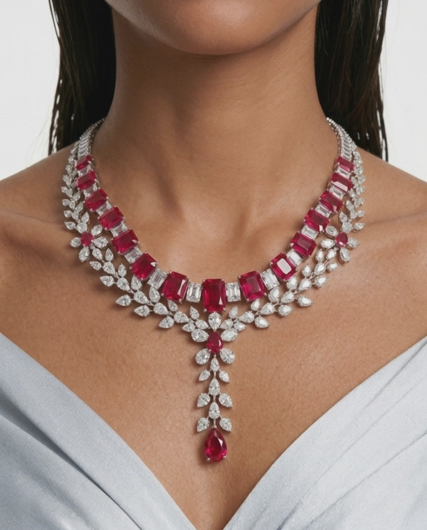 Maharani Dania Ruby and Diamond-Like Zircon Compressed Setting Statement Necklace Set & Dima Ruby and Diamond-Like Zircon Statement Necklace Set (2 Necklace & 2 Earrings)