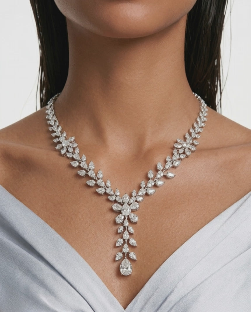 Dania Diamond-Like Zircon Compressed Setting Statement Necklace Set (Necklace & Earrings)