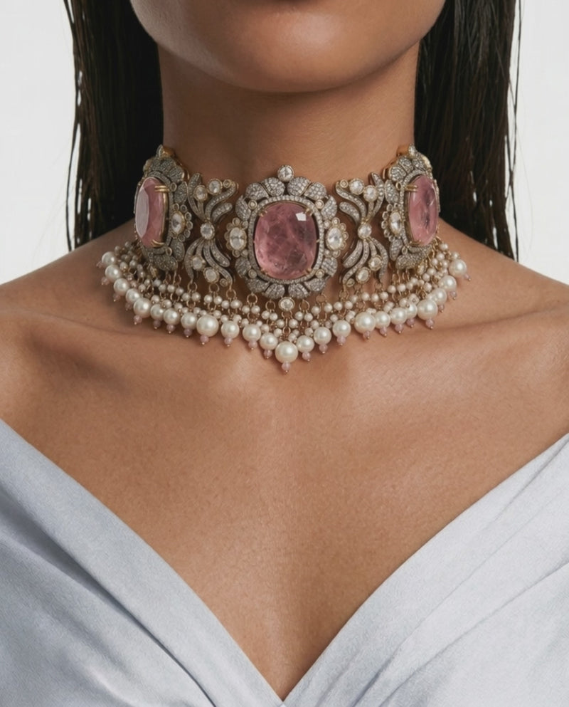 Jawaria Pink, Pearls & Moissanite Polki Kundan with Zircon Diamond Detailing Statement Luxe Necklace Set (Necklace & Earrings)