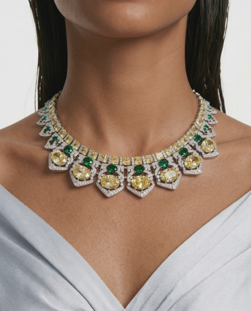 Maharani Aarohi Emerald, Citrine and Diamond-Like Zircon with Enamel Detailing Necklace Set (Necklace & Earrings)