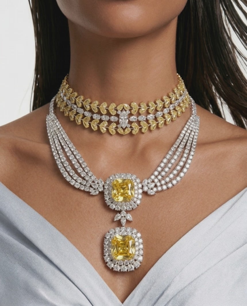 Maharani Valessa & Nayara Citrine Diamond-Like Zircon Statement Necklace Set – 2 Necklaces & Earrings