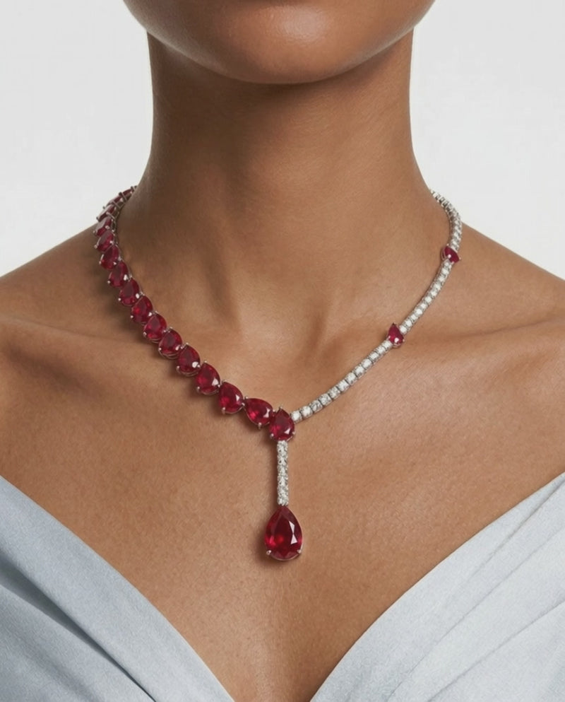 Amani Ruby and Diamond-Like Zircon Drop Pendant Statement Necklace Set (Necklace & Earrings)